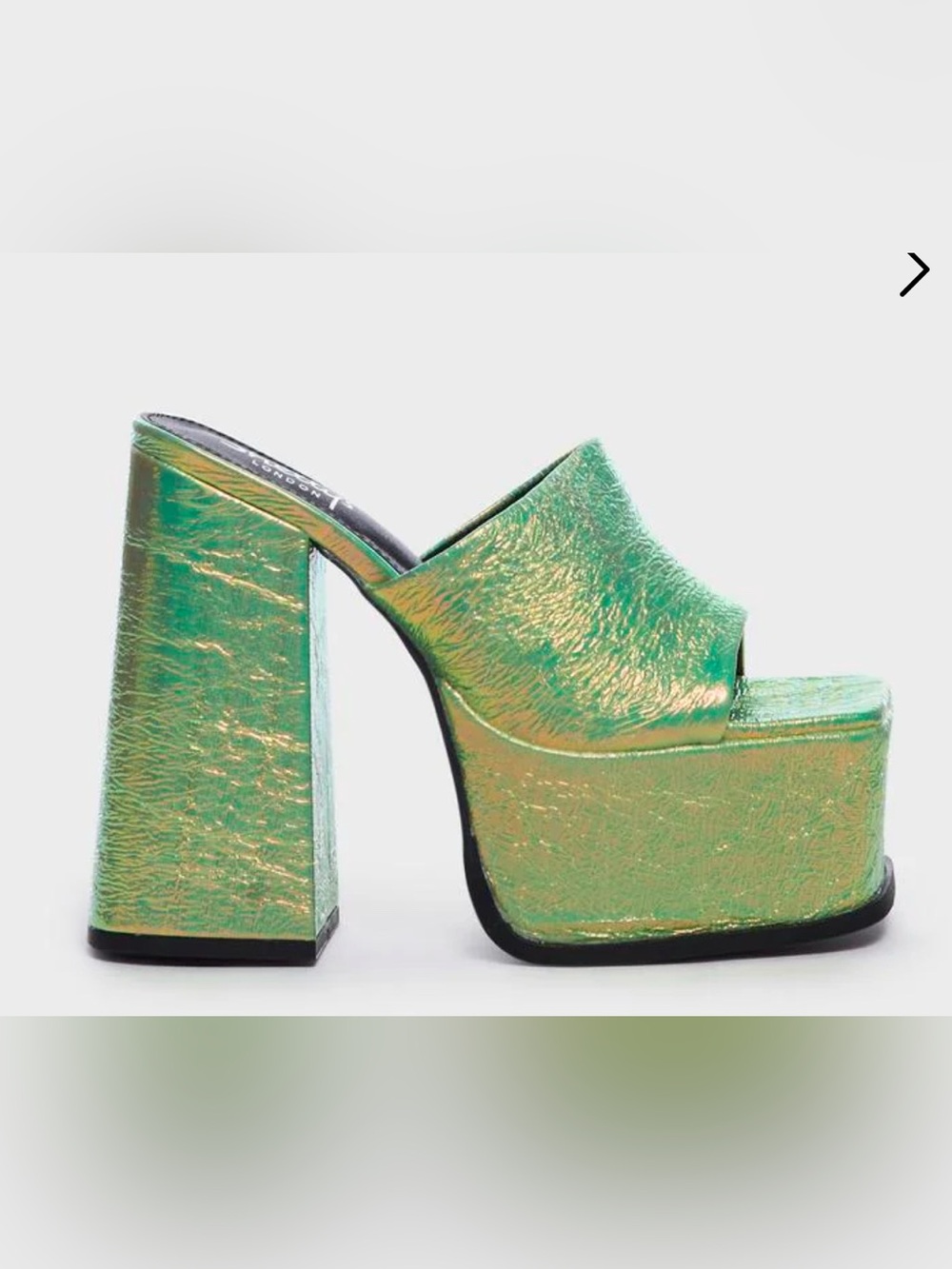 Shellys London Sagittarius Green Metallic Platform Mule Heels